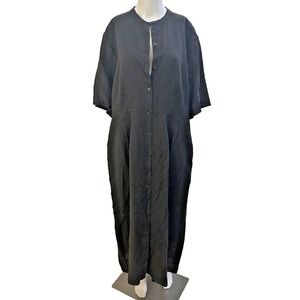 Everlane 100% Flax Linen Lagenlook Maxi Shirt Dress Black Button Front Size 16